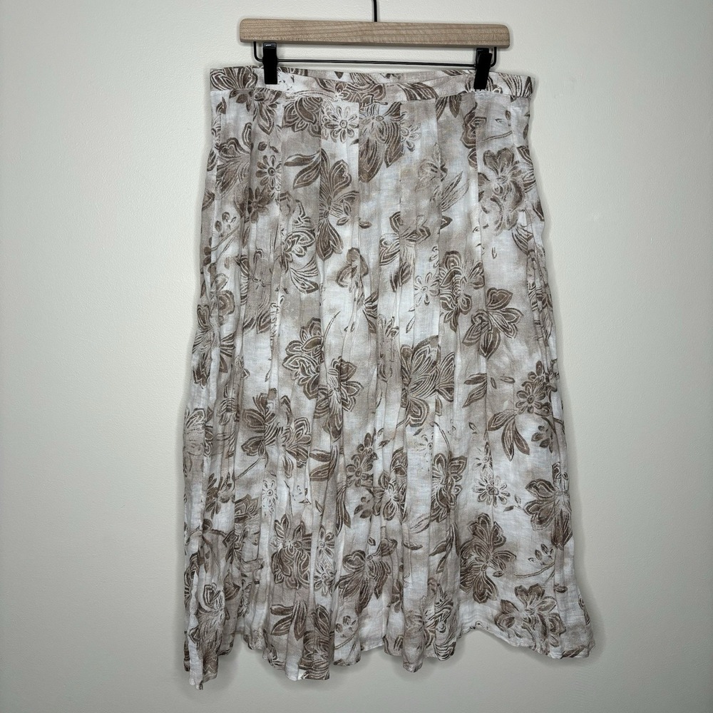 J Jill Linen Floral Maxi Skirt Brown 12P Boho Cottagecore Classic Beige Flowy